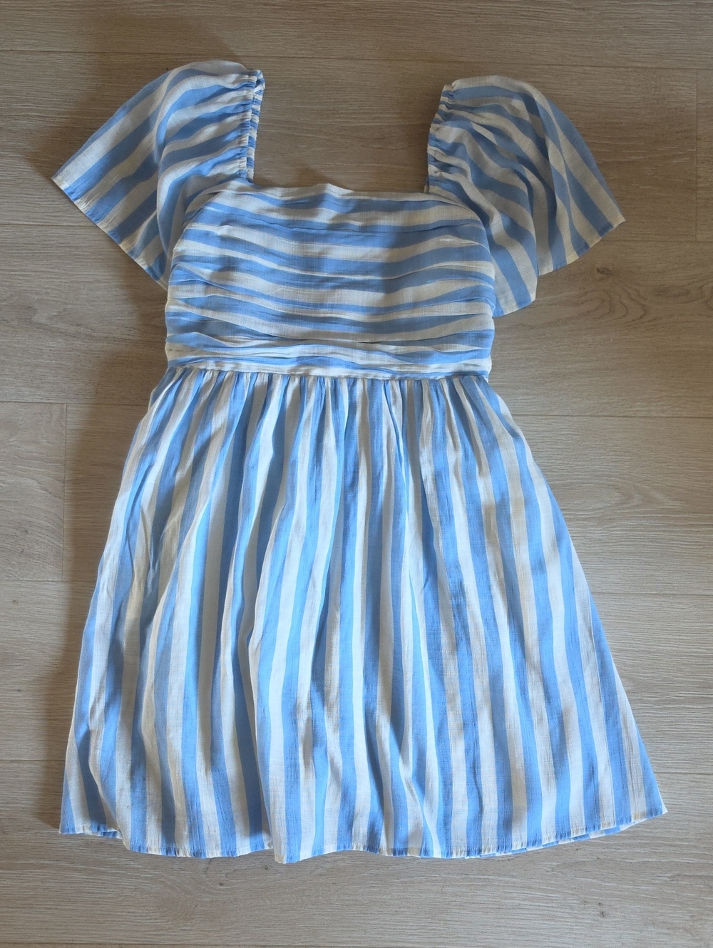 LC Lauren Conrad Light Blue and White Striped Puff-Sleeve Sundress